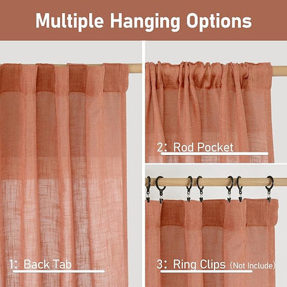 LAMIT Semi Sheer Linen Curtains 36 Inch Length 2 Panels, Light Filtering Panels Back Tab and Rod Pocket Neutral Drapes for Bathroom/Kitchen/Loft Room, Terracotta, 25 x 36 Inch