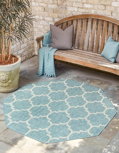 Unique Loom Outdoor Trellis Collection Area Rug - Trellis (Octagon 5' 0" x 5' 0", Aquamarine/ Gray)