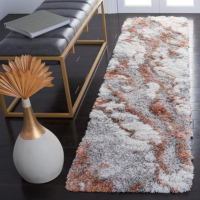 SAFAVIEH Horizon Shag Collection Runner Rug - 2' x 11', Grey & Rust, Modern Abstract Design, Non-Shedding & Easy Care, 2-inch Thick Ideal for High Traffic Areas in Living Room, Bedroom (HZN890P)