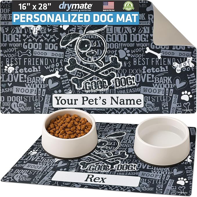 Drymate Personalized Pet Bowl Placemat, Custom Dog & Cat Food Feeding Mat - Absorbent Fabric, Waterproof Backing - Machine Washable/Durable (USA Made) (16" x 28") (Cross Bones - Black)