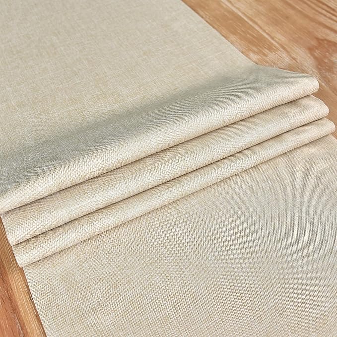 NEWISHER Farmhouse Rustic Table Runner Solid Beige Rectangular Table Runners Faux Linen Table Runner for Everyday Use Kitchen Dining Party Table 13x90 Inch