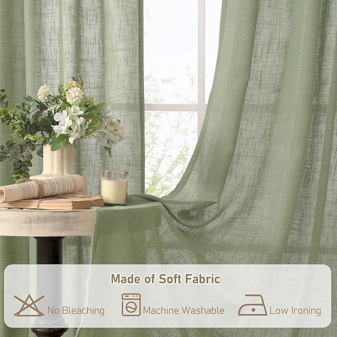LAMIT Sheer Linen Curtains for Living Room, Back Tab and Rod Pocket Sage Green Curtains Light Filtering Country Rustic Neutral Drapes for Bedroom/Farmhouse, 2 Panels, 52 x 102 Inch