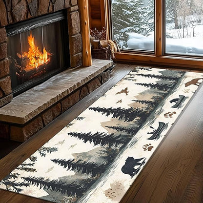 Retro Bear Claw Mountain Runner Rug 2x4ft with Elk Cabin - Non-Slip Bohemian Rug, Washable Floor Mat for Balcony Corridor, River Landscape Art