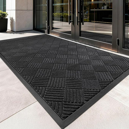 Front Door Mat, Heavy Duty Indoor Outdoor Doormat, 60" x 48" Low Profile Outdoor Mats for Home Entrance, Stain and Fade Resistant Welcome Mat Ideal for High Traffic Area, Diamond Black
