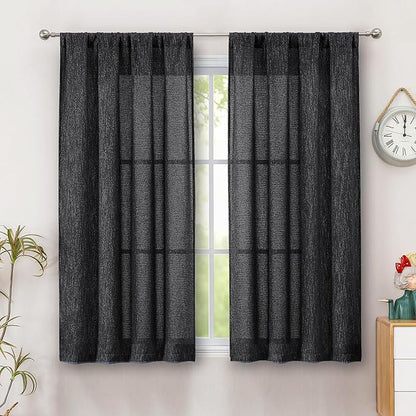 Simplebrand Black Semi Sheer Faux Linen Textured Curtains 54 Inch Length 2 Panels Set, Rod Pocket Farmhouse Short Curtain Drapes for Dinning Small Windows Bathroom Bedroom, Each 40Wx54L in, Black