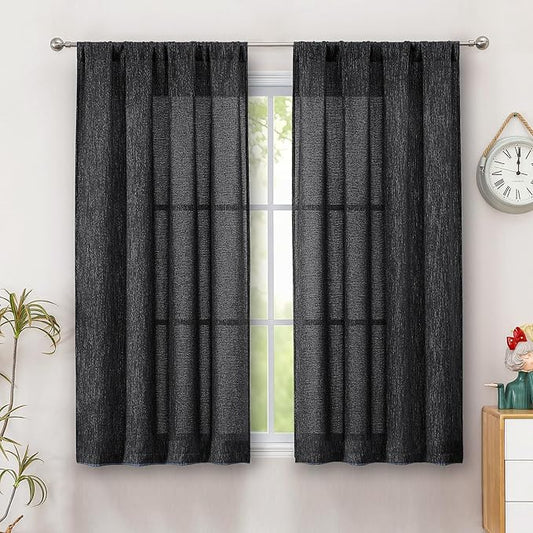 Simplebrand Black Semi Sheer Faux Linen Textured Curtains 54 Inch Length 2 Panels Set, Rod Pocket Farmhouse Short Curtain Drapes for Dinning Small Windows Bathroom Bedroom, Each 40Wx54L in, Black