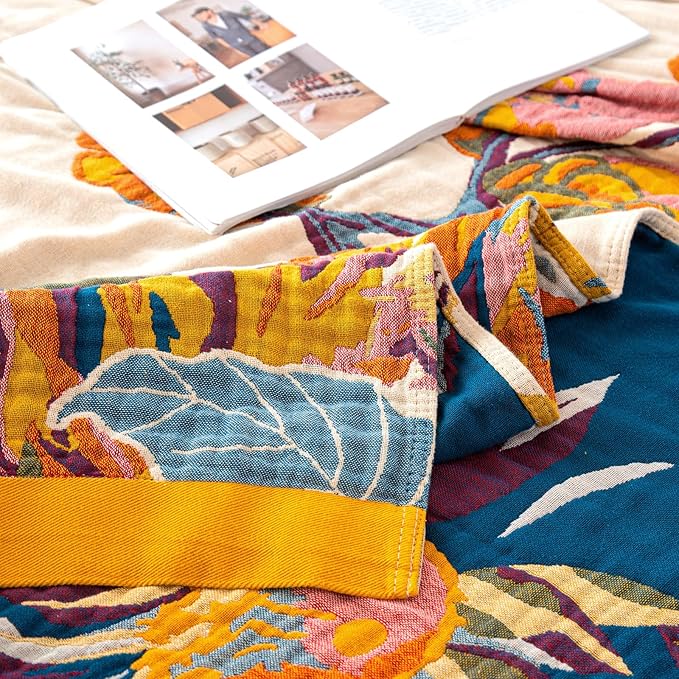 MSGKV Boho Throw Blanket 60''x80'',100% Cotton Blankets for Couch Bed,Cotton Quilt Travel Muslin Blankets Farmhouse Home Decor Soft Lightweight Picnic Blanket