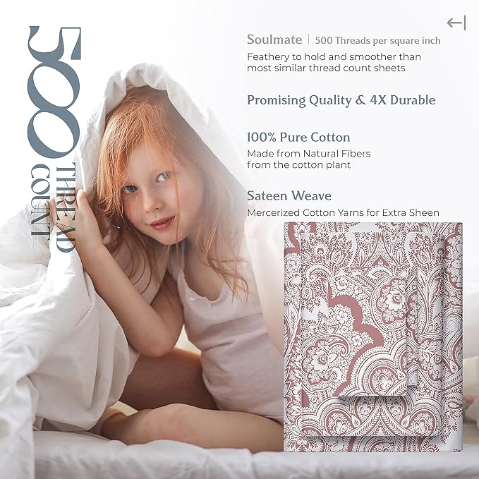 Mayfair Linen 100% Cotton Printed California King Cotton Sheets - 4 PC Cal King Size Bed Sheet Set Cotton (Paisley Print), Soft, Cooling, Sateen Weave 16" Deep Pocket Bedsheet (Fits 18" Mattress)