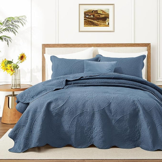 IR Imperial Rooms King Quilt Bedding Set Size (106" x 96") + 2 Pillow Shams (20" x 36"+ 2") - 3 Pcs All Season Lightweight Reversible Microfiber Coverlet Floral Embossed Quilt Bedspread (Light Blue)
