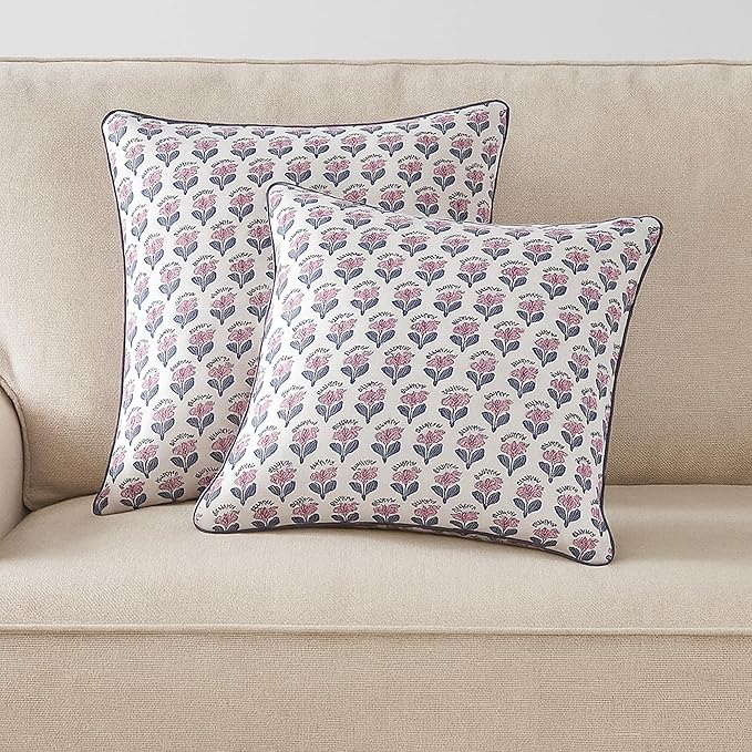 SheetKart Pure Cotton Throw Pillow Covers - Set of 2 - Hand Block Pure Cotton Printed Boho Decorative Pillow Covers - Cushion Covers for Living Room, Bohemian Theme, 18 x 18 Inches, Lavender Whisper