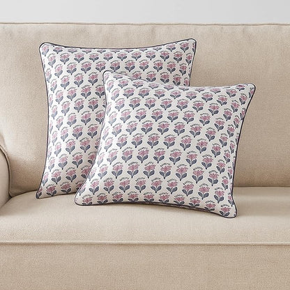 SheetKart Pure Cotton Throw Pillow Covers - Set of 2 - Hand Block Pure Cotton Printed Boho Decorative Pillow Covers - Cushion Covers for Living Room, Bohemian Theme, 18 x 18 Inches, Lavender Whisper
