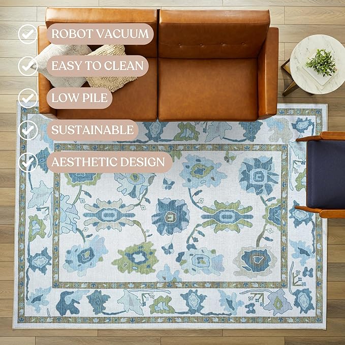 Fame Living Green Oushak Runner Rug, Modern Runners, Vintage, Turkish, Eclectic, Floral, Pastel, Washable, Long Runner Rugs for Hallway, Kitchen, Living Room, Bedroom, Kitchen, Bathroom, 2'5"x13'