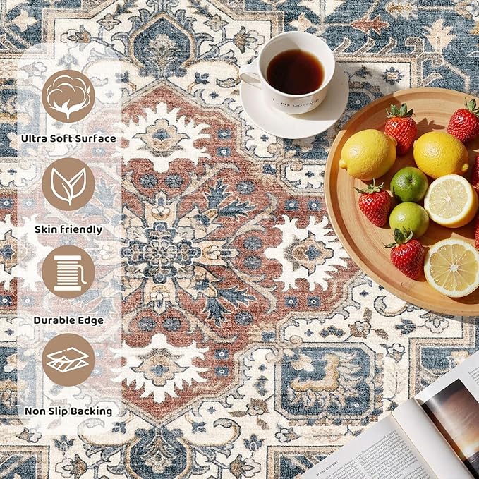6ft Round Vintage Living Room Area Rug - 6x6 Large Soft Washable Oriental Traditional Distressed Farmhouse Rugs for Bedroom - Indoor Floor Accent Carpet for Home Office House Decor - Vintage Blue