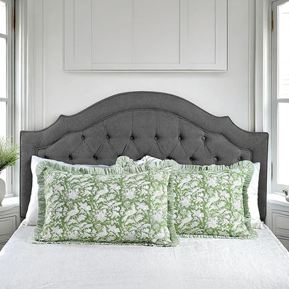 CPC Olive Green 100% Cotton Block Print Ruffle Sham Cover 20X30 inch Pack of 2, Handmade Boho Floral Pillowcase, Soft Decorative Queen Bed Pillow Cover for Bedroom Décor