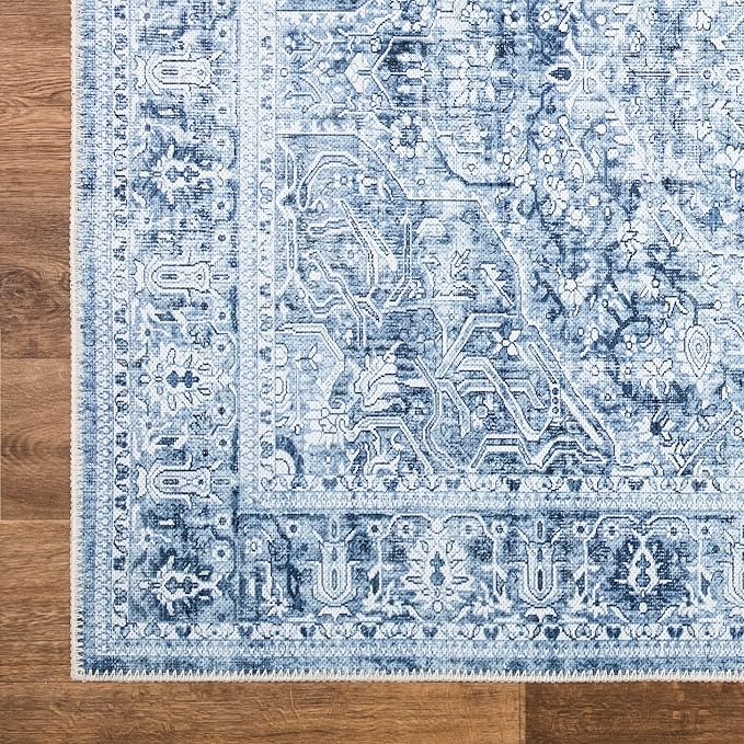 Bloom Rugs Washable Non-Slip 3' x 5' Rug - Ivory/Denim Blue Traditional Medallion Area Rug for Living Room, Bedroom, Dining Room, and Kitchen - Exact Size: 3' x 5'