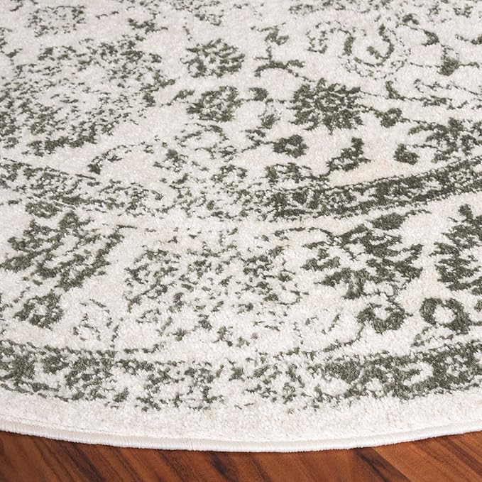 SAFAVIEH Adirondack Collection Area Rug - 4' Round, Ivory & Dark Green, Distressed Vintage Floral Design, Non-Shedding & Easy to Clean, Ideal for Living Room, Bedroom, Dining Space (ADR109X)
