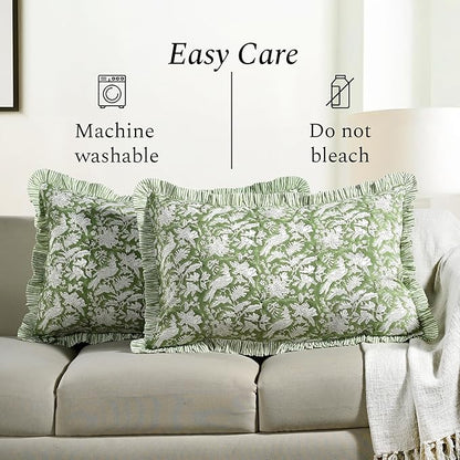 CPC Olive Green 100% Cotton Block Print Ruffle Sham Cover 20X30 inch Pack of 2, Handmade Boho Floral Pillowcase, Soft Decorative Queen Bed Pillow Cover for Bedroom Décor