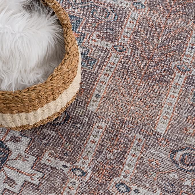 Bloom Rugs Washable 5' x 7' Rug - Brown/Blue/Orange Traditional Area Rug for Living Room, Bedroom, Dining Room, and Kitchen - Exact Size: 5' x 7'