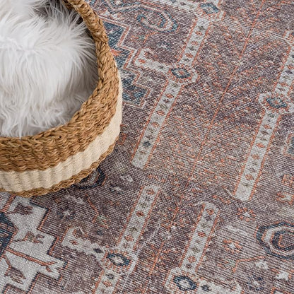 Bloom Rugs Washable 5' x 7' Rug - Brown/Blue/Orange Traditional Area Rug for Living Room, Bedroom, Dining Room, and Kitchen - Exact Size: 5' x 7'