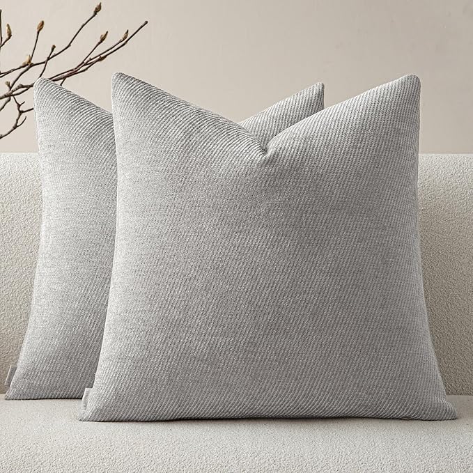 a moment Pack of 2 Decorative Chenille Throw Pillow Covers with Twill Cushion Covers for Sofa Living Room Couch Bed 18x18 Inch Grey