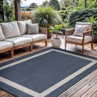 CAMILSON Outdoor Rug 5x7, Modern Outside Rugs for Patios Porches Waterproof Durable Washable Non-Shedding, Easy-to-Clean Indoor Outdoor Area Carpet (5 x 7, Bordered - Blue/White)