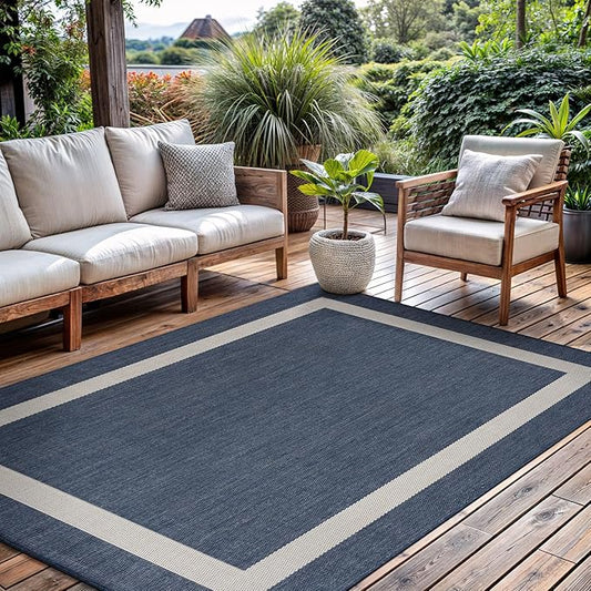 CAMILSON Outdoor Rug 5x7, Modern Outside Rugs for Patios Porches Waterproof Durable Washable Non-Shedding, Easy-to-Clean Indoor Outdoor Area Carpet (5 x 7, Bordered - Blue/White)