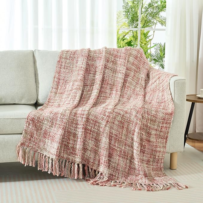 Multi-Color Light Pink Cable Knitted Throw Blanket for Couch,60"X80" Boho Style Textured Blankets for Home Decor,Super Soft Warm Cozy Chunky Knit Blanket with Decorative Tassels for Bed
