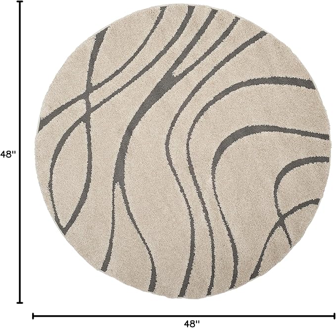SAFAVIEH Florida Shag Collection 4' Round Cream/Grey SG471 Abstract Wave Non-Shedding Living Room Bedroom Dining Room Entryway Plush 1.2-inch Thick Area Rug