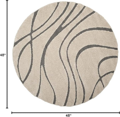 SAFAVIEH Florida Shag Collection 4' Round Cream/Grey SG471 Abstract Wave Non-Shedding Living Room Bedroom Dining Room Entryway Plush 1.2-inch Thick Area Rug