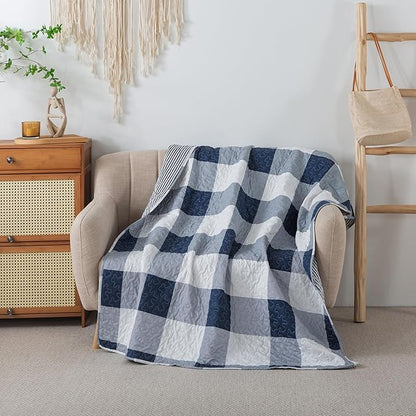 Soul & Lane Checks and Stripes 50" x 60" Blue Buffalo Check Throw: Lap Quilted Blanket, Blue and White Lightweight Couch Quilt, Checkered Coverlet, Plaid Winter Outdoor Quilted Throw Blanket