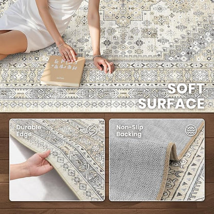 zesthome 6x9 Area Rug, Super Soft Washable Rugs for Living Room, Non-Slip Stain Resistant Vintage Rugs, Ultra-Thin Large Area Rugs (Beige,6'x9')