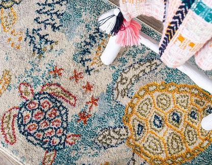 Unique Loom Positano Collection Coastal Modern Turtles Beige Runner Rug (2' x 7')