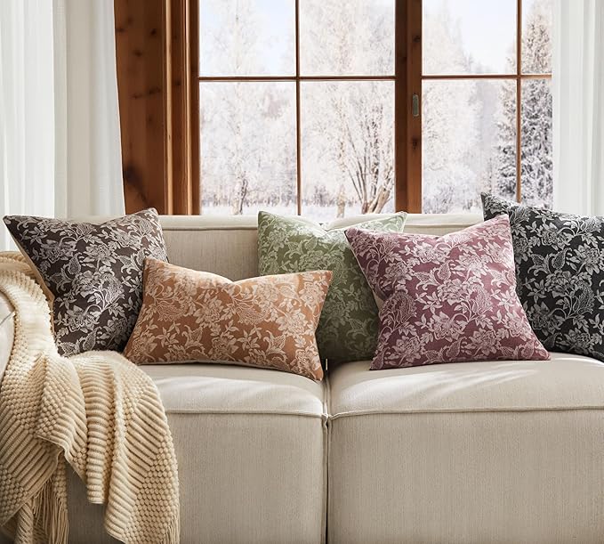 Floral Jacquard Throw Pillow Covers Set of 2, Background/Chocolate 18x18 Inch, Farmhouse Decorative Cotton Dark Brown Cushion Covers for Sofa Bed Living Room Home Decor