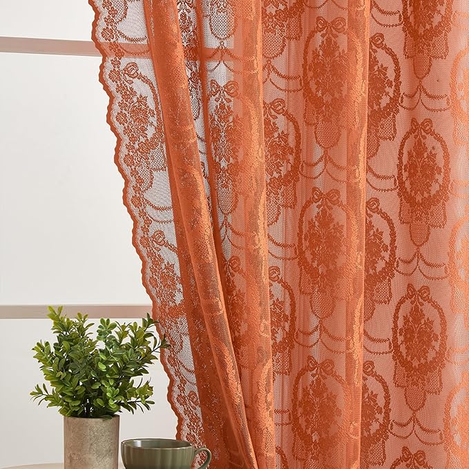 Burnt Orange Lace French Delicacy Curtains 84 Inches Long -Rod Pocket Luxury Vintage Bow Butterfly Flower Sheer Lace Curtains for Living Room Bedroom，52 x 84 Inch, 2 Panels