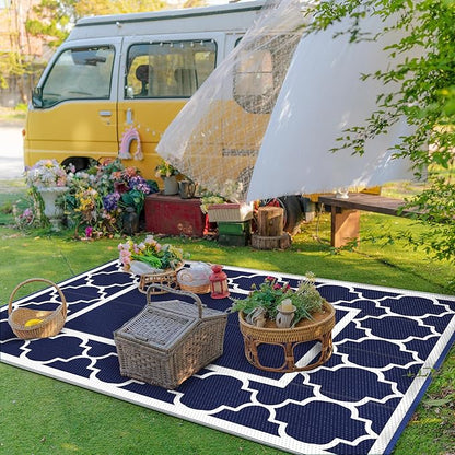 GENIMO 6' x 9' Outdoor Rug Waterproof for Patio Fall Decor, Foldable Reversible Plastic Straw Area Rugs Mat for Camper, Outside Carpet for Rv, Deck, Porch, Picnic, Beach, Balcony, Blue & White