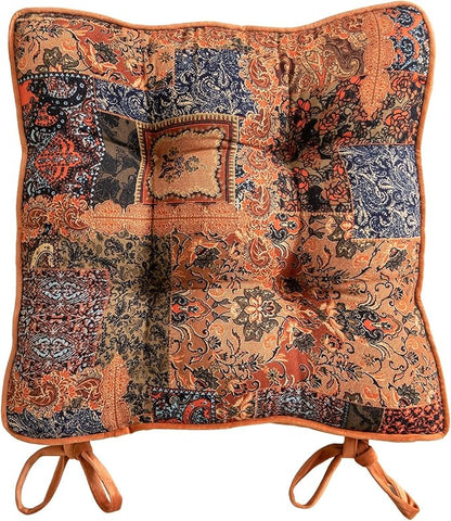 vctops Boho Paisley Chair Cushions with Ties Patchwork Square Soft Cozy Cotton Linen Chair Pads Non Slip Seat Cushions for Indoor Dining Room and Kitchen Chairs (Orange,16"x16")