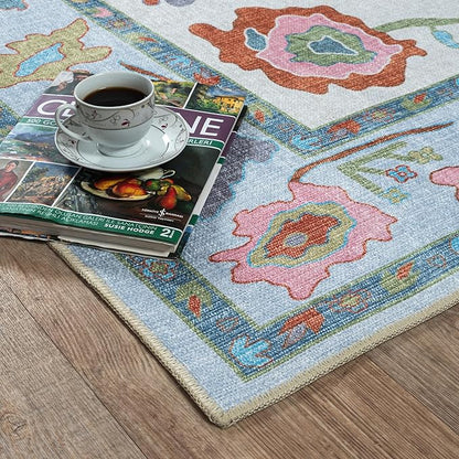 Fame Living Colorful Oushak Rug, Modern, Vintage, Turkish, Eclectic, Floral, Pastel, Washable, Area Rugs for Living Room, Dining, Bedroom, Office, Entryway, Foyer, Playroom, Nursery, 5'x6'9"