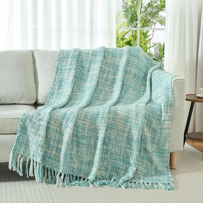 Multi-Color Turquoise Cable Knitted Throw Blanket for Couch,50"X60" Boho Style Textured Blankets for Home Decor,Super Soft Warm Cozy Chunky Knit Blanket with Decorative Tassels for Bed