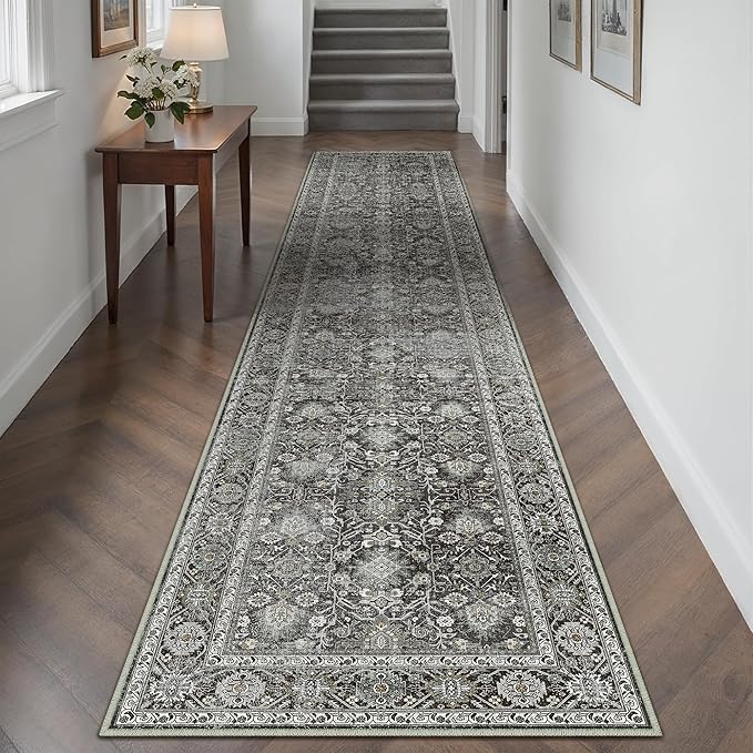Black Runner Rug 3x10 Vintage Area Carpet Hallway Long Indoor Kitchen Washable Living Room Low Pile Traditional Distressed Retro Accent Throw Rug Non Slip Laundry Bathroom Office Dining Room