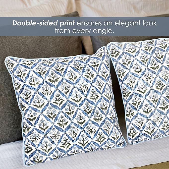 SheetKart Cotton Throw Pillow Covers - Set of 2 - Hand Block Cotton Printed Boho Decorative Pillow Covers - Cushion Covers for Living Room, Bohemian Theme, 20 x 20 Inches, Floral Blue