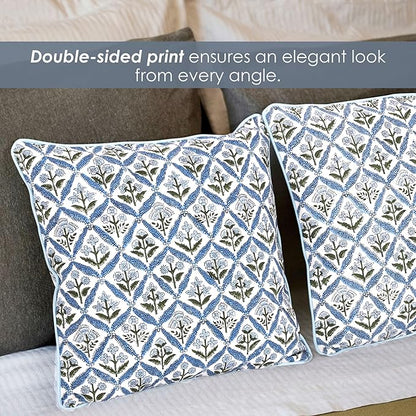 SheetKart Block Print Pillow Cover - Cotton Throw Pillow Covers for Boho Decorative Couch, Living Room, Bohemian Theme Gifts, Floral Blue - 18 x 18 Inches - Set of 2
