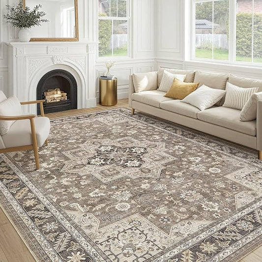 Vintage Living Room Area Rug 9x12 - Large Soft Washable Oriental Traditional Distressed Farmhouse Rugs for Bedroom - Indoor Floor Accent Carpet for Home Office House Decor - Brown