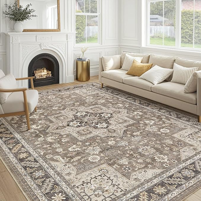 Vintage Living Room Area Rug 10x14 - Large Soft Washable Oriental Traditional Distressed Farmhouse Rugs for Bedroom - Indoor Floor Accent Carpet for Home Office House Decor - Brown