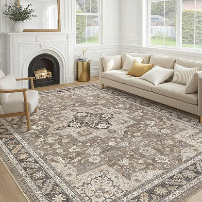 Vintage Living Room Area Rug 12x15 - Large Soft Washable Oriental Traditional Distressed Farmhouse Rugs for Bedroom - Indoor Floor Accent Carpet for Home Office House Decor - Brown