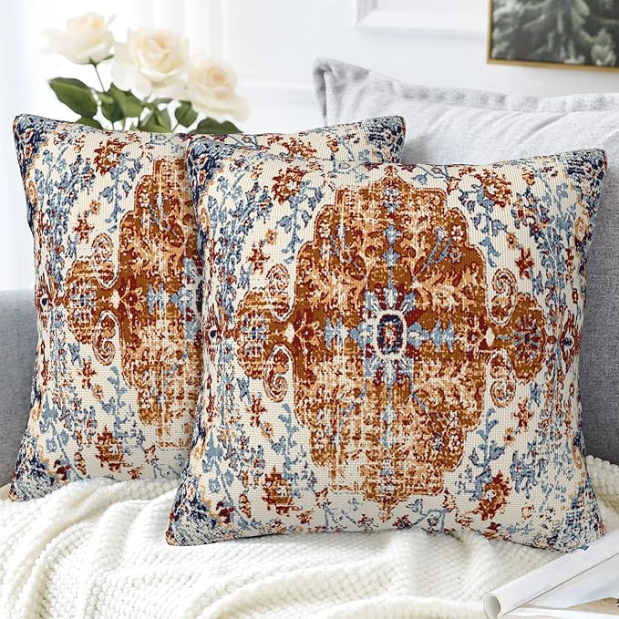 Ethnic Boho Throw Pillow Covers Set of 2 Rug Boho Style Ethnic Design Pillow Covers 18x18 Inch Modern Farmhouse Home Decorative Pillow Cases Cushion Cover for Sofa Living Room Office