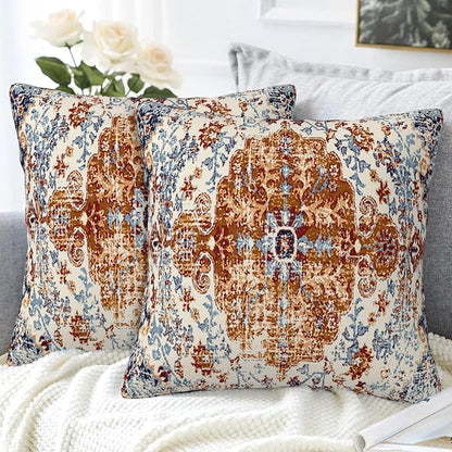 Ethnic Boho Throw Pillow Covers Set of 2 Rug Boho Style Ethnic Design Pillow Covers 18x18 Inch Modern Farmhouse Home Decorative Pillow Cases Cushion Cover for Sofa Living Room Office