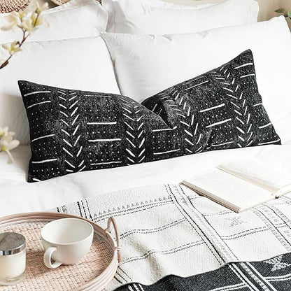 BLISSBLUSH Black Decorative Lumbar Pillow Cover 14X36, Boho Lumbar Throw Pillow For Bed, Long Decorative Pillow Case, Modern Accent Throw Pillow, 14 x 36 Textured Lumbar Pillow Decorative (COVER ONLY)