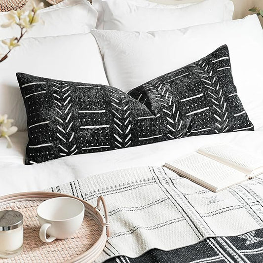 BLISSBLUSH Black Decorative Lumbar Pillow Cover 14X36, Boho Lumbar Throw Pillow For Bed, Long Decorative Pillow Case, Modern Accent Throw Pillow, 14 x 36 Textured Lumbar Pillow Decorative (COVER ONLY)