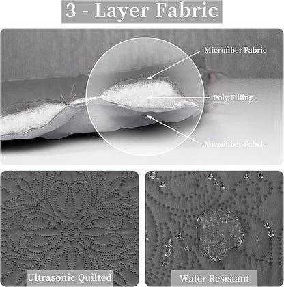 Easy-Going King Size Reversible Quilt Set with 1 Quilt and 2 Pillow Shams, Soft Bed Quilt Cover, Water Resistant Lightweight Microfiber Bedspread, Stain Resistant, Damask-Gray/Light Gray