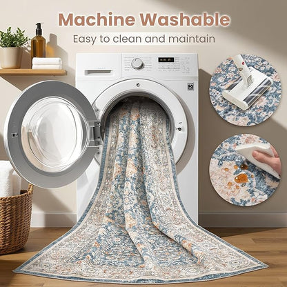 Vintage Living Room Area Rug 10x14 - Large Soft Washable Oriental Traditional Distressed Farmhouse Rugs for Bedroom - Indoor Floor Accent Carpet for Home Office House Decor - Dark Blue